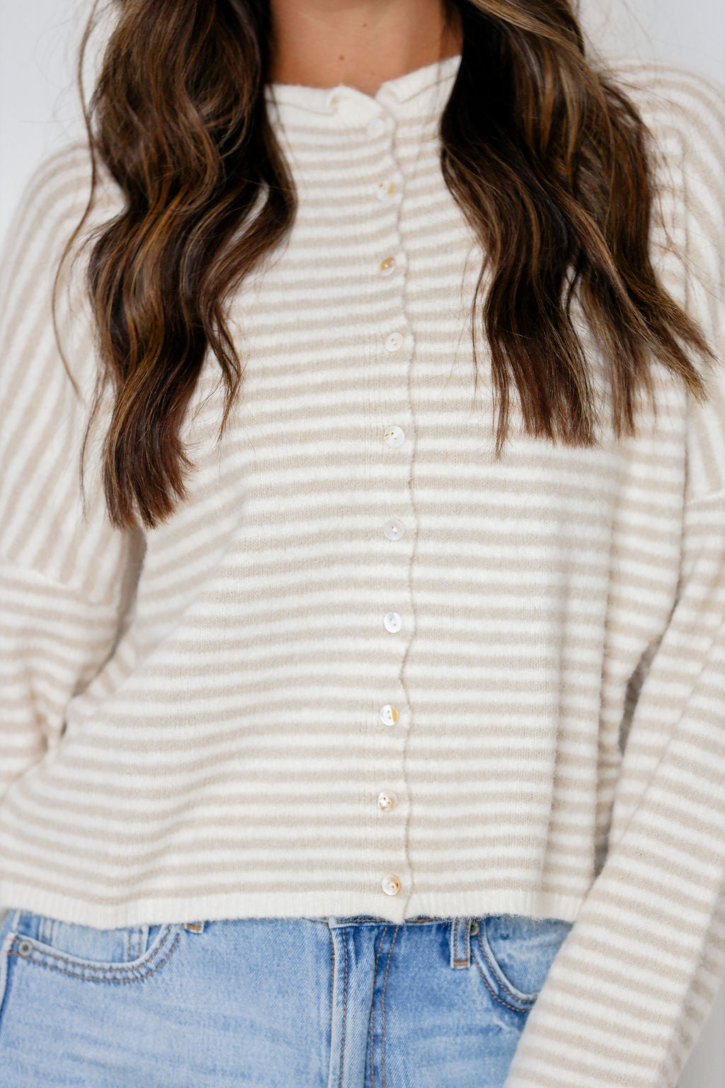 Button Down Cardi Tan Stripe