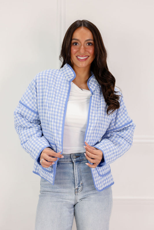 Quilted Plaid Jacket Light Blue - Clothe Boutique