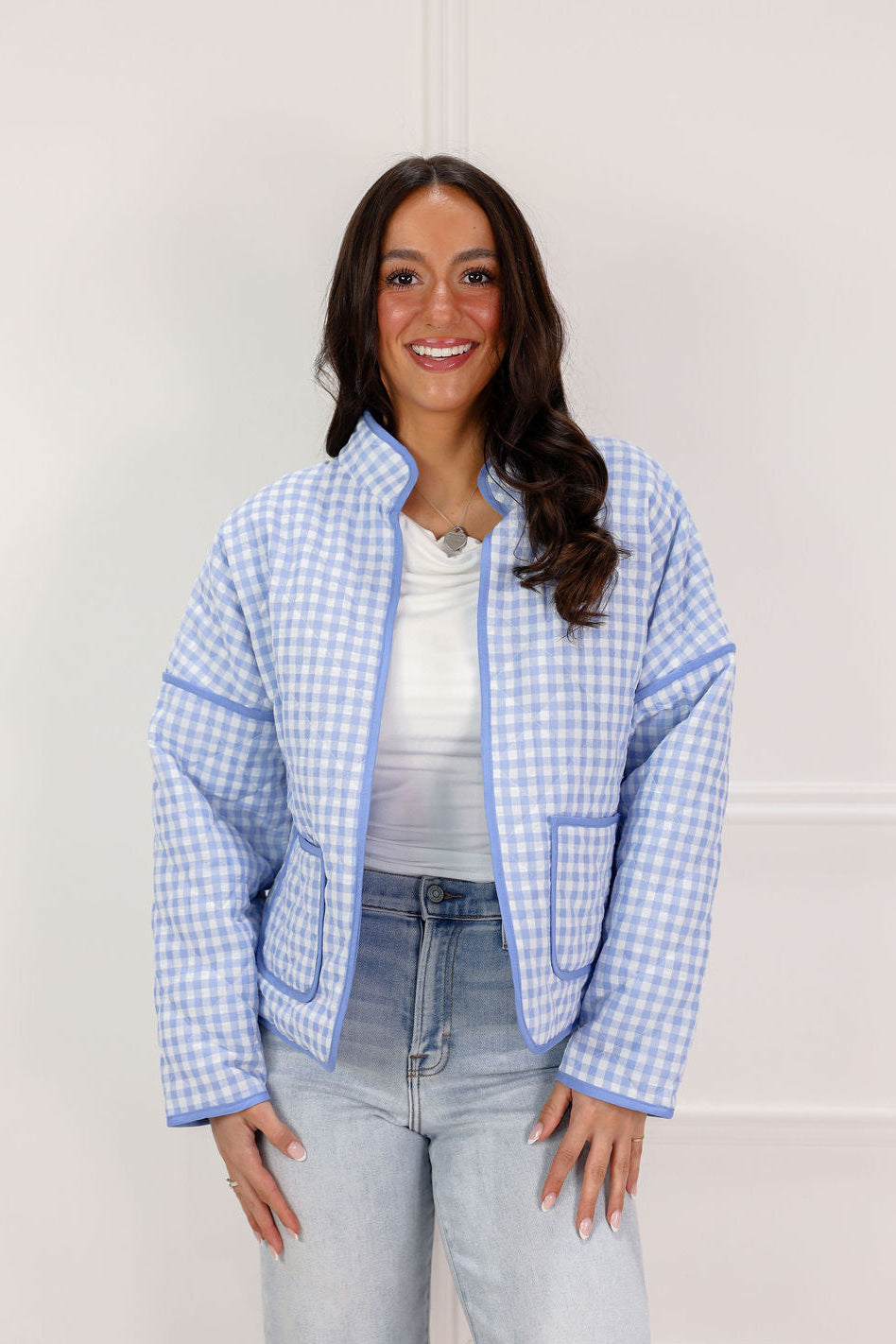 Quilted Plaid Jacket Light Blue - Clothe Boutique
