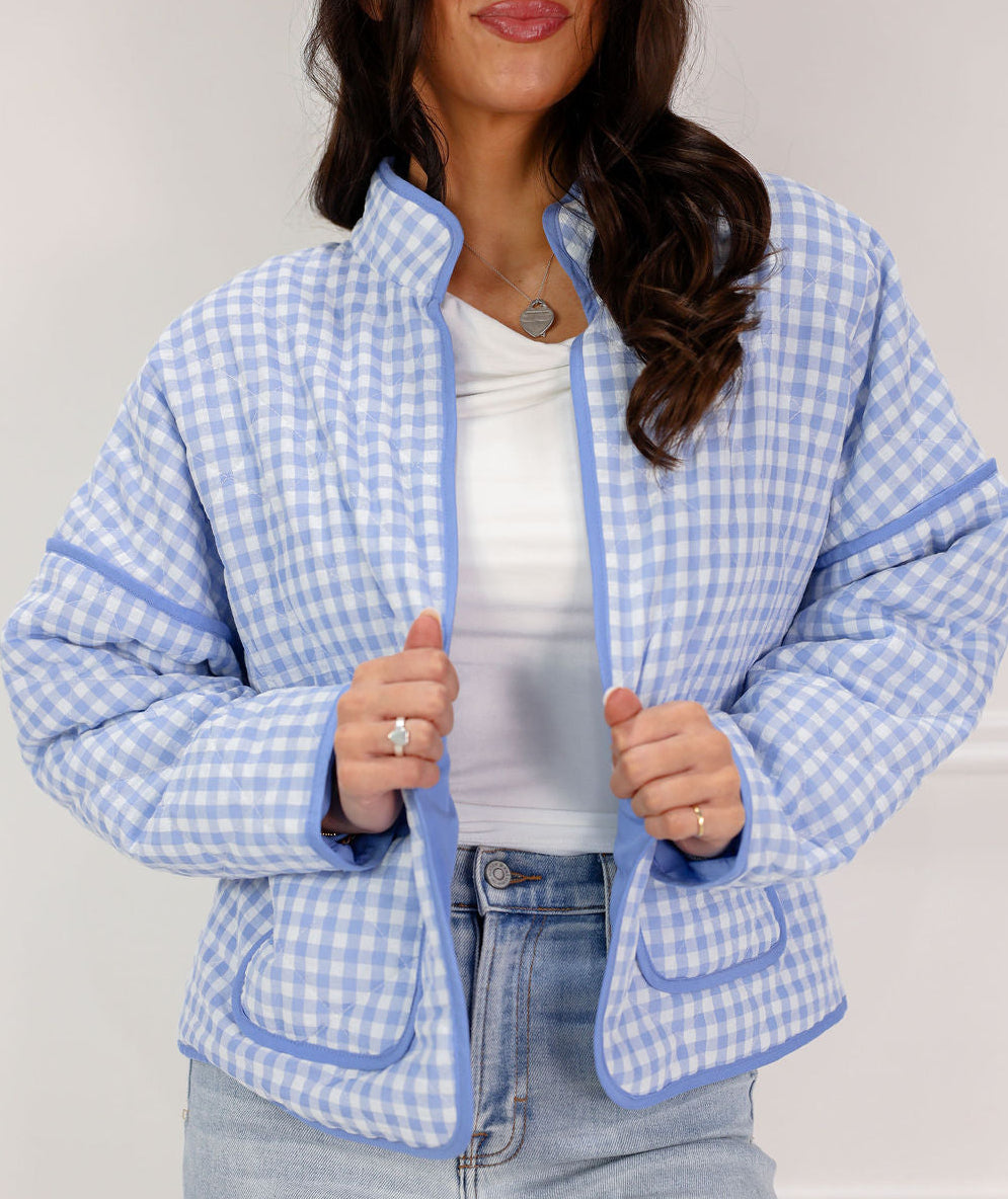 Quilted Plaid Jacket Light Blue - Clothe Boutique