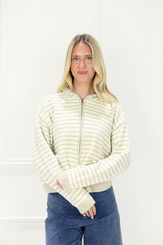 Oversized Stripe Zip Up Sweater Taupe
