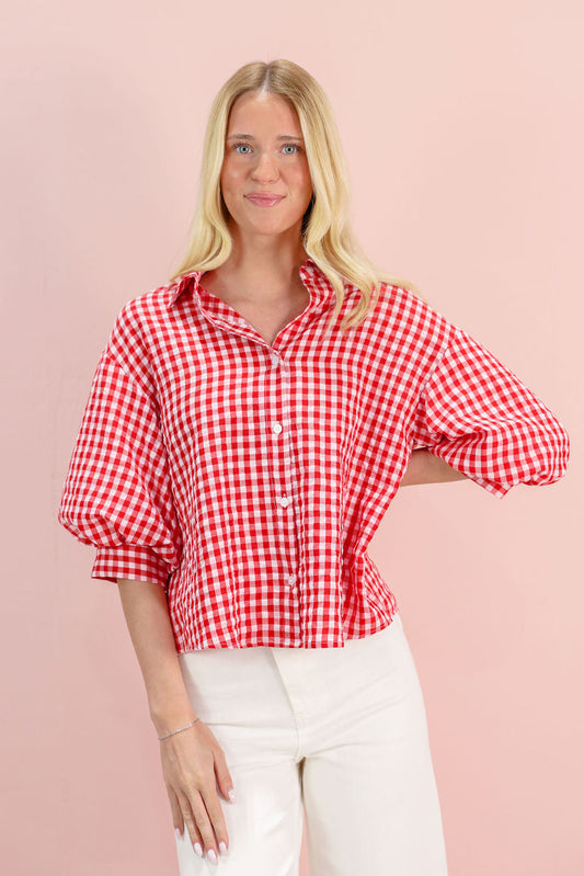 Gingham Button Down Shirt Red/White - Clothe Boutique