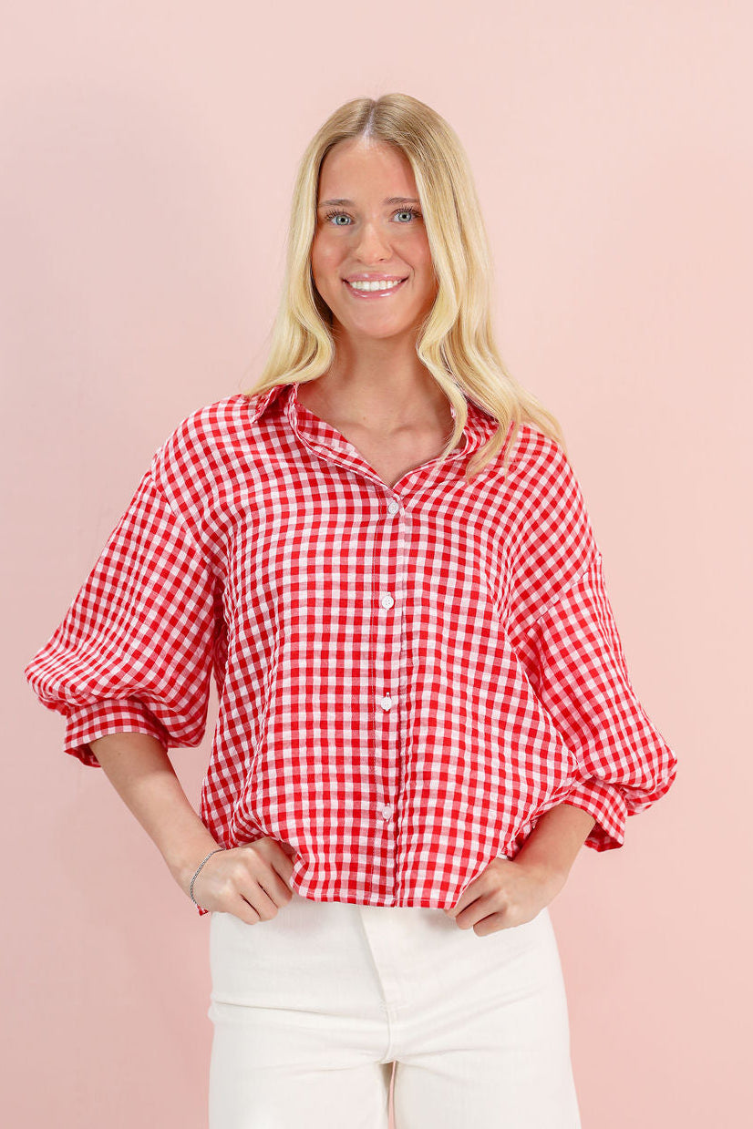 Gingham Button Down Shirt Red/White - Clothe Boutique