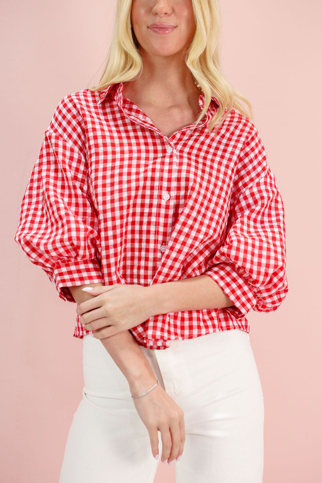 Gingham Button Down Shirt Red/White - Clothe Boutique