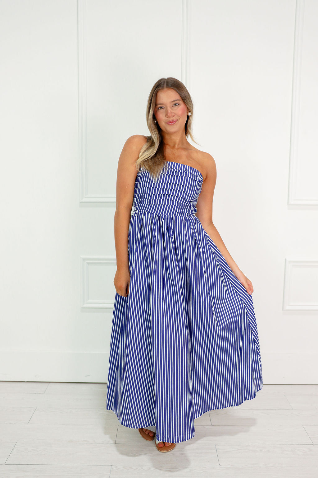 Striped Tube Top Midi Dress Blue
