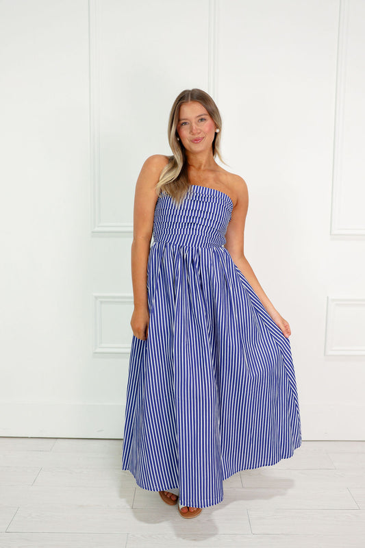 Striped Tube Top Midi Dress Blue