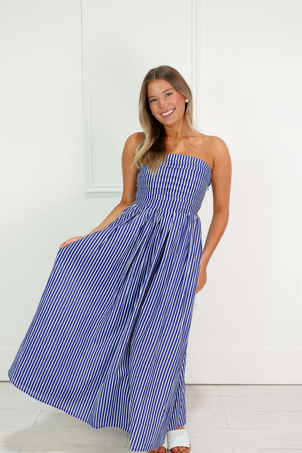 Striped Tube Top Midi Dress Blue