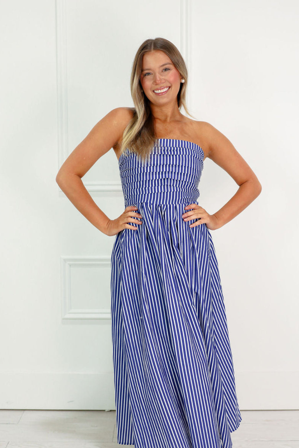 Striped Tube Top Midi Dress Blue
