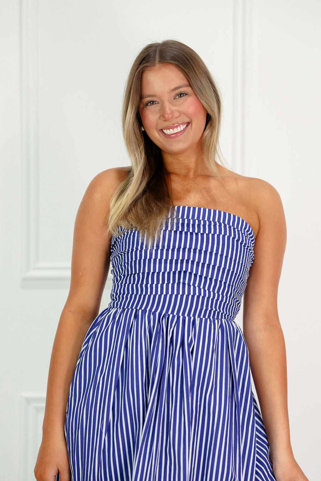Striped Tube Top Midi Dress Blue