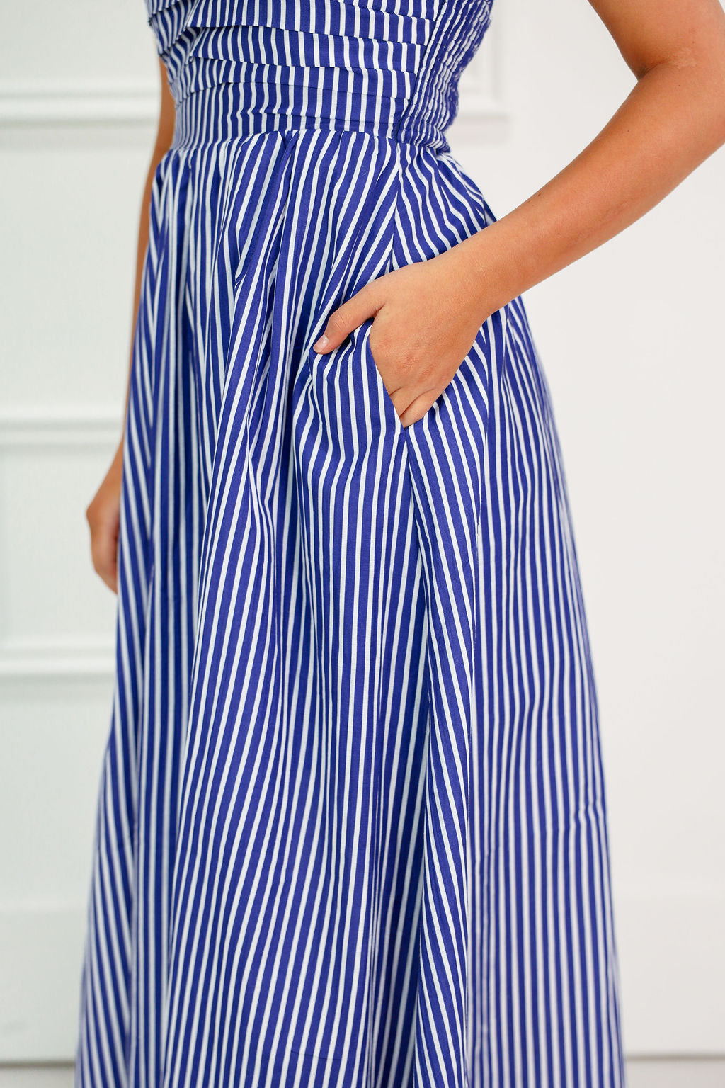 Striped Tube Top Midi Dress Blue