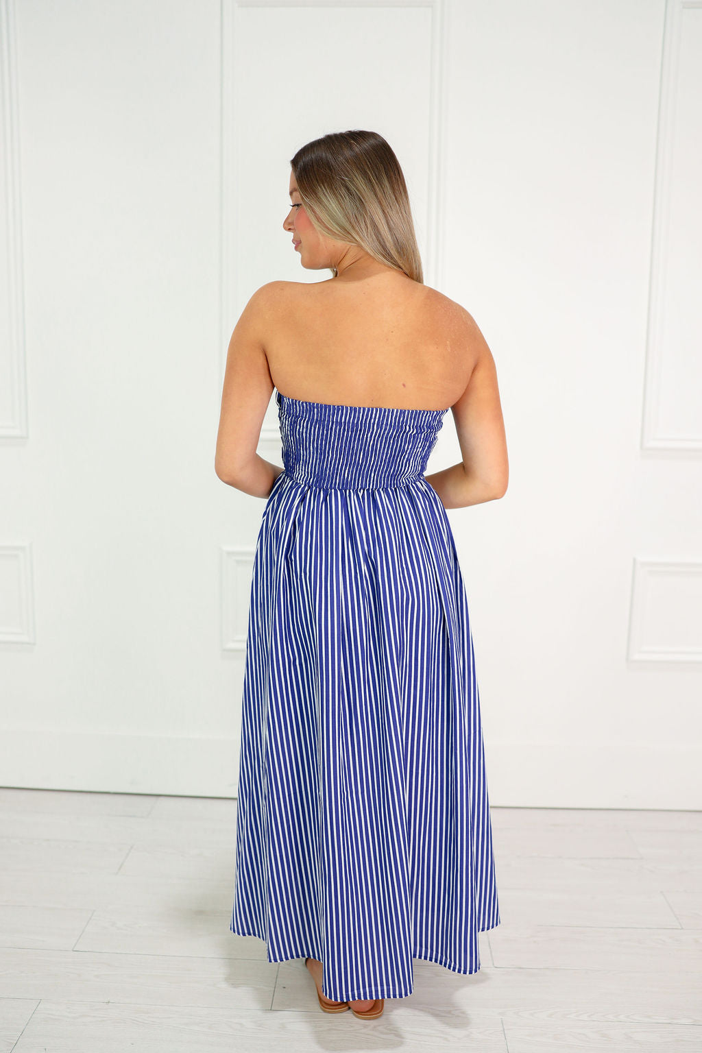 Striped Tube Top Midi Dress Blue