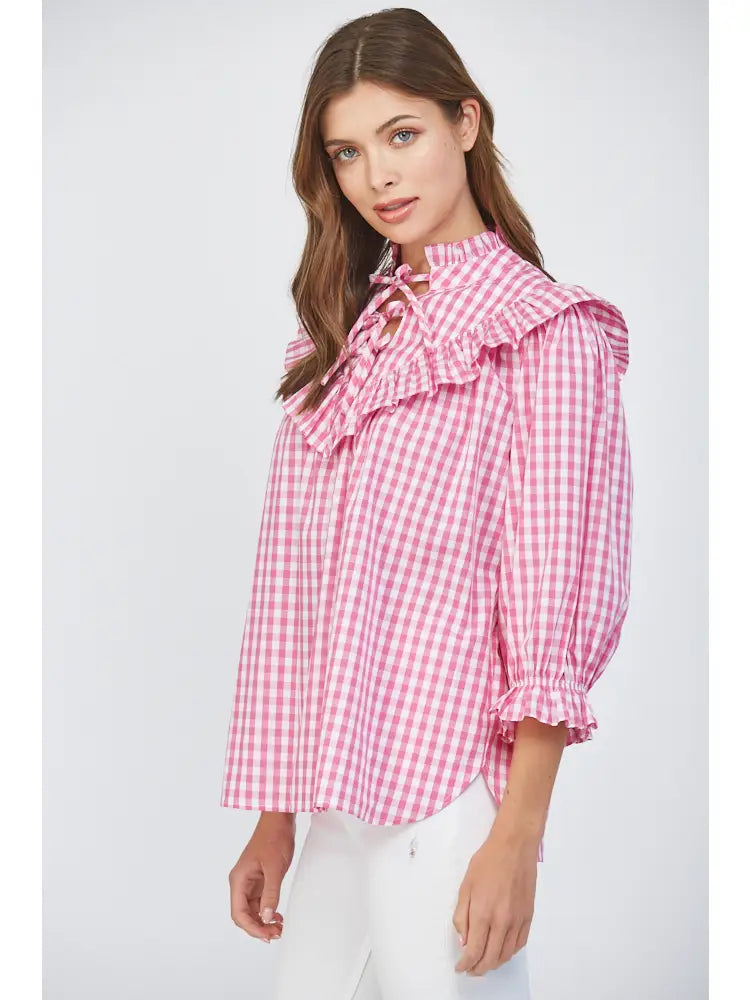 Pink Gingham Ruffle Top
