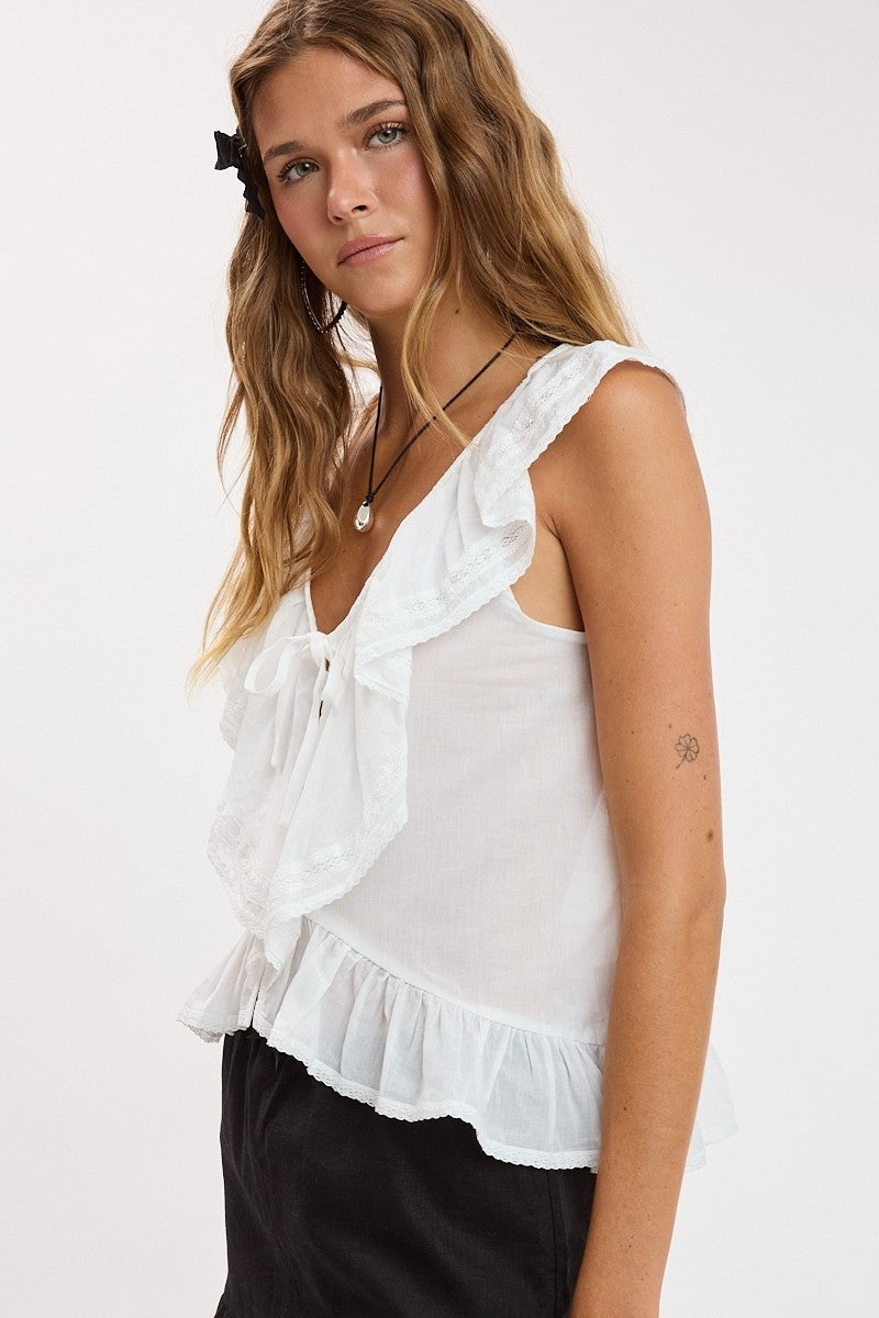 White Cascading Ruffle Top