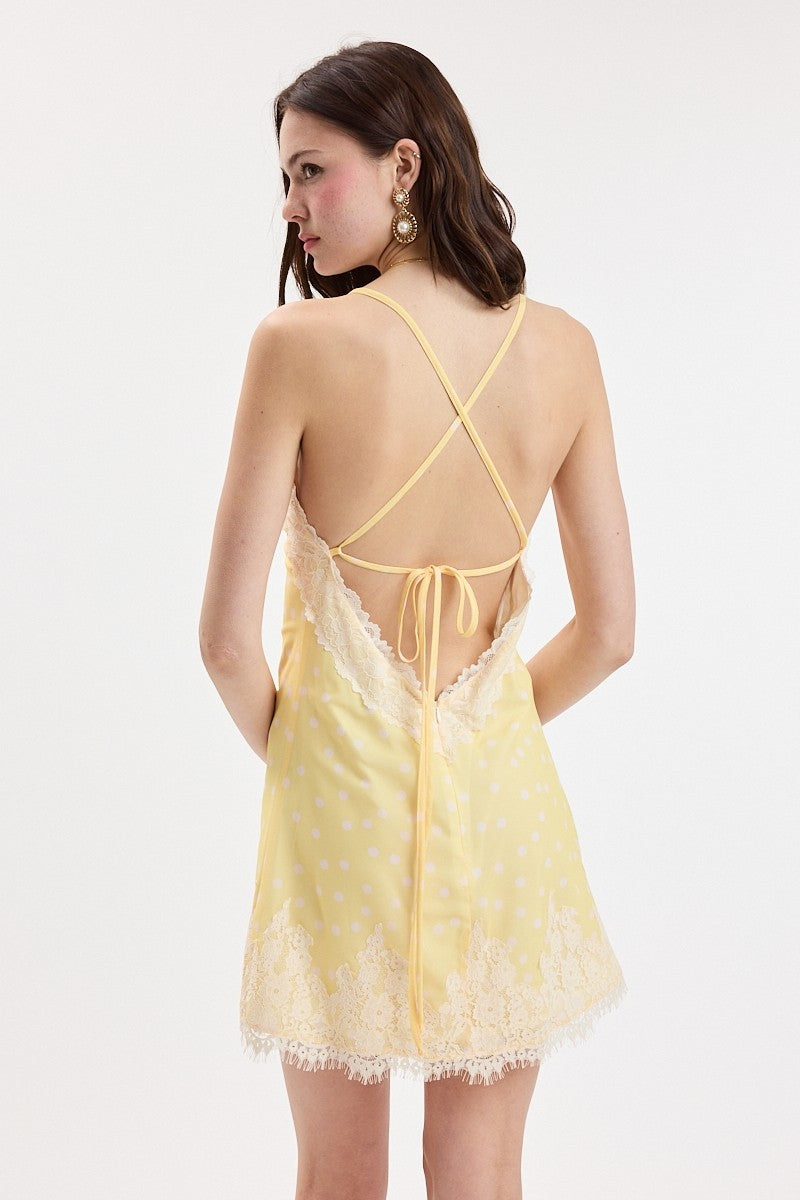 Lace Hem Polka Dot Dress Yellow