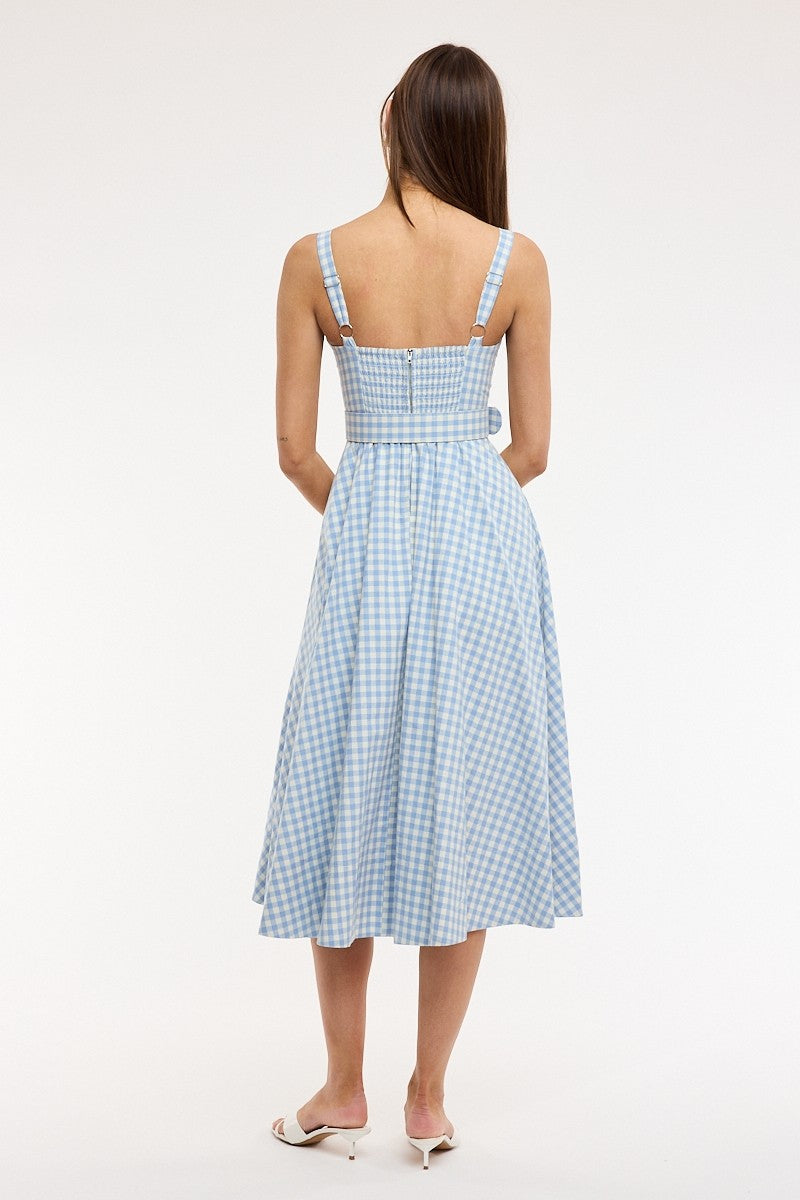 Gingham Checker Waist Belt Midi Dress Blue - Clothe Boutique