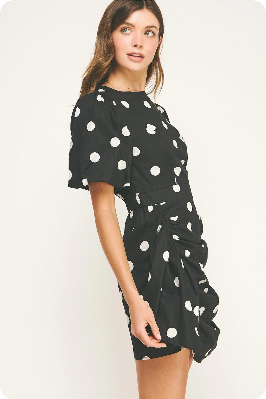 Ruched Puff Sleeve Polka Dot Mini Dress