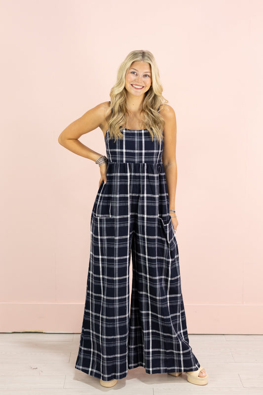 Navy Plaid Smocked Back Jumpsuit