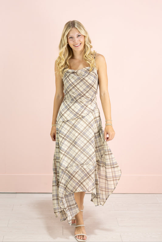 Plaid Asymmetrical Midi Dress