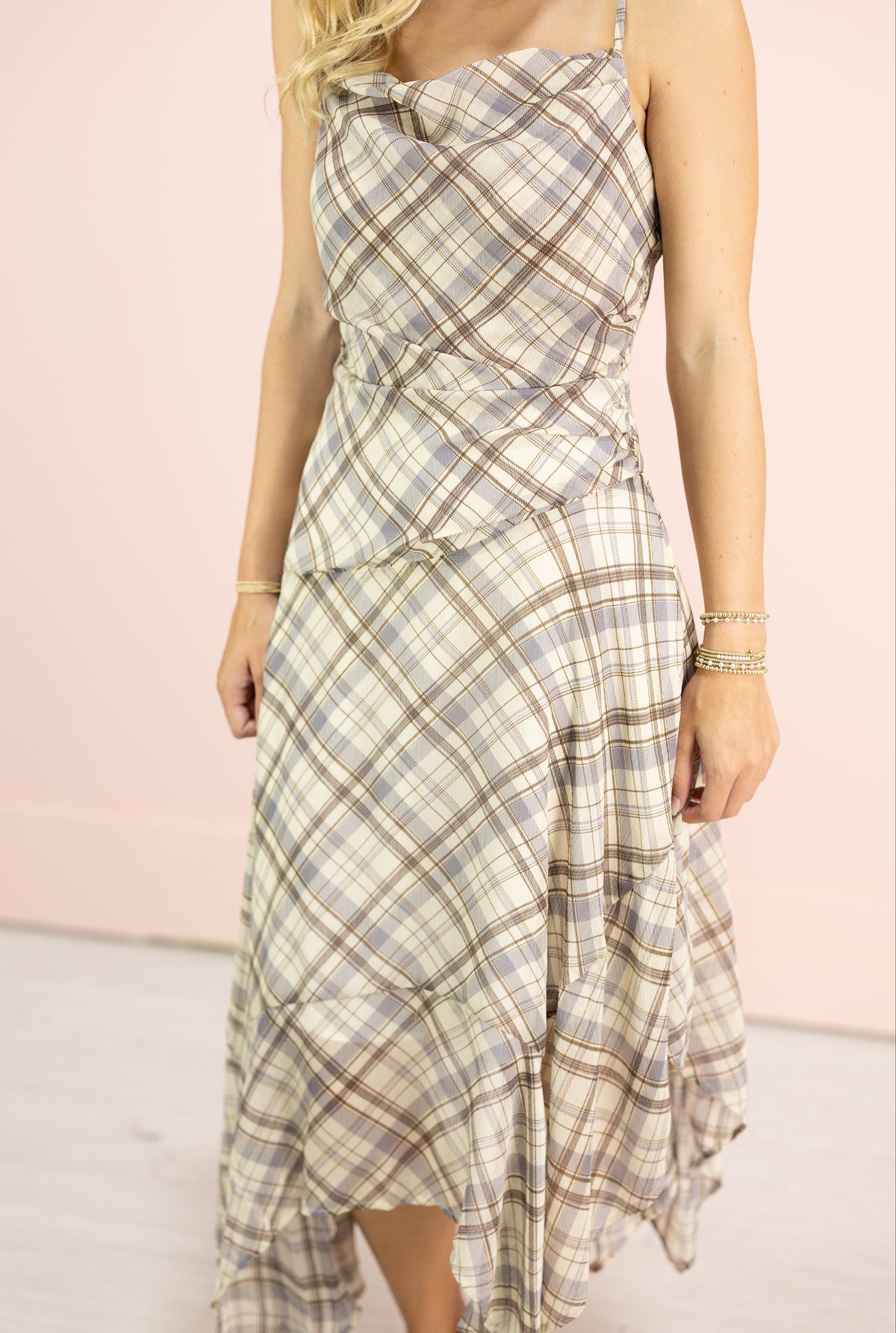 Plaid Asymmetrical Midi Dress
