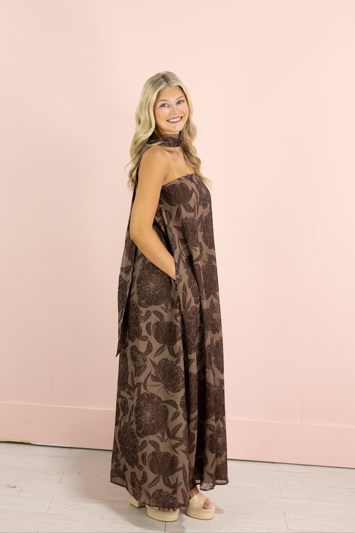 Floral Strapless Maxi w/ Scarf Brown