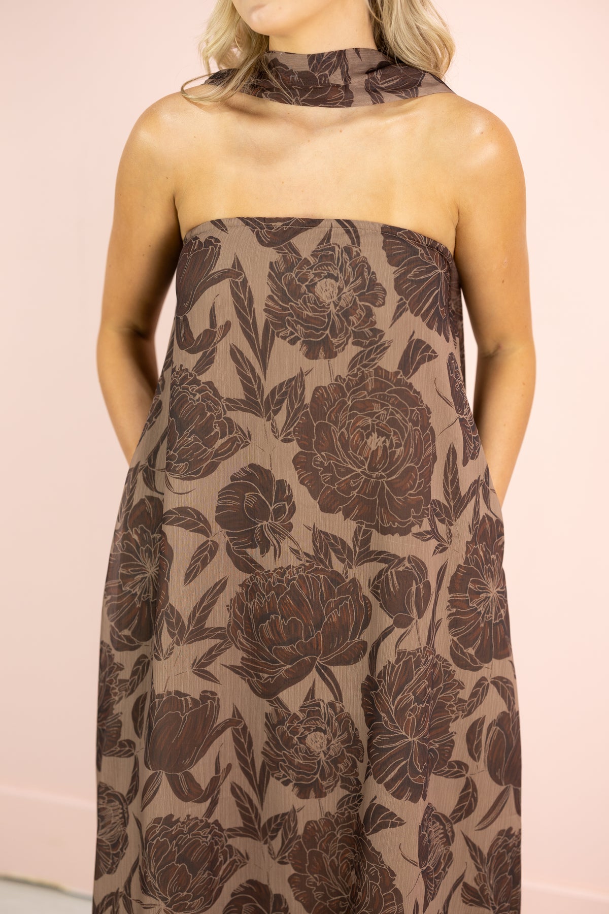 Floral Strapless Maxi w/ Scarf Brown