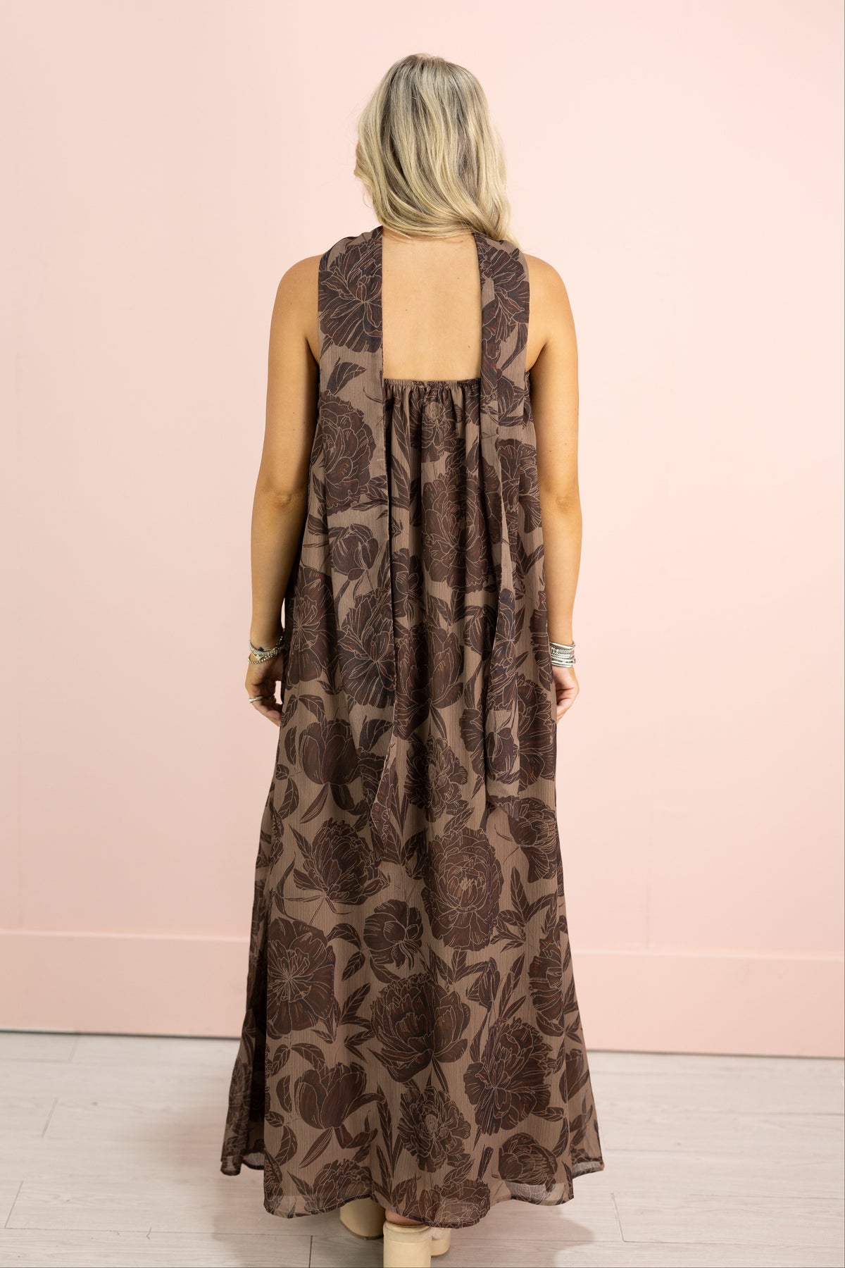 Floral Strapless Maxi w/ Scarf Brown