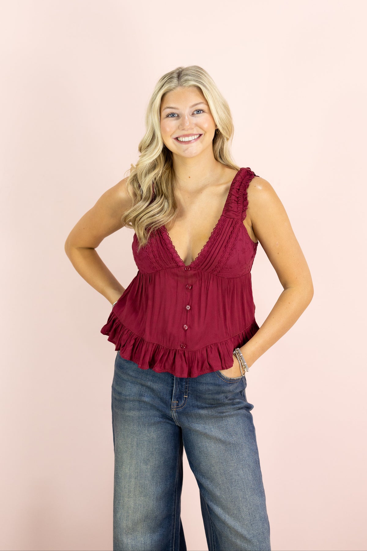 Button Ruffle Hem Top Wine