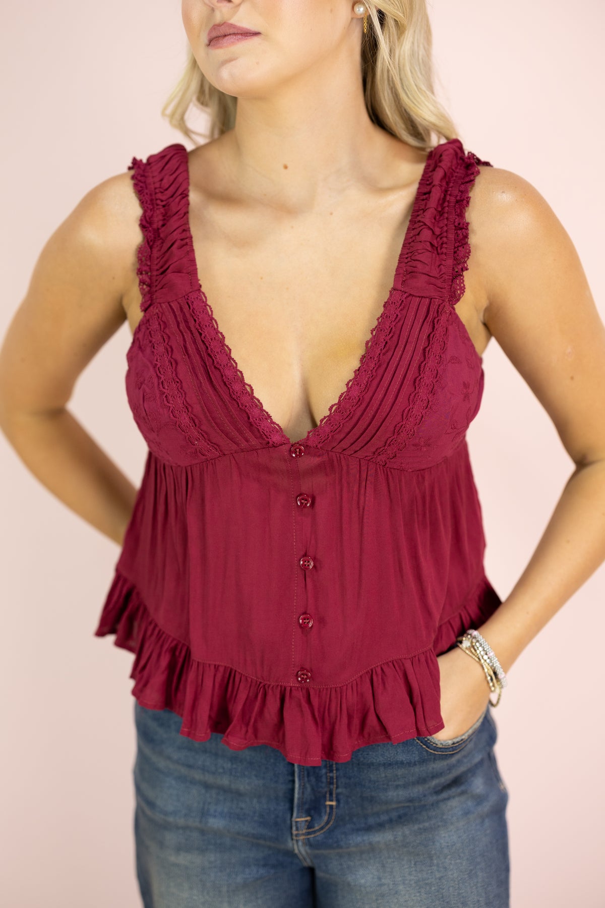 Button Ruffle Hem Top Wine