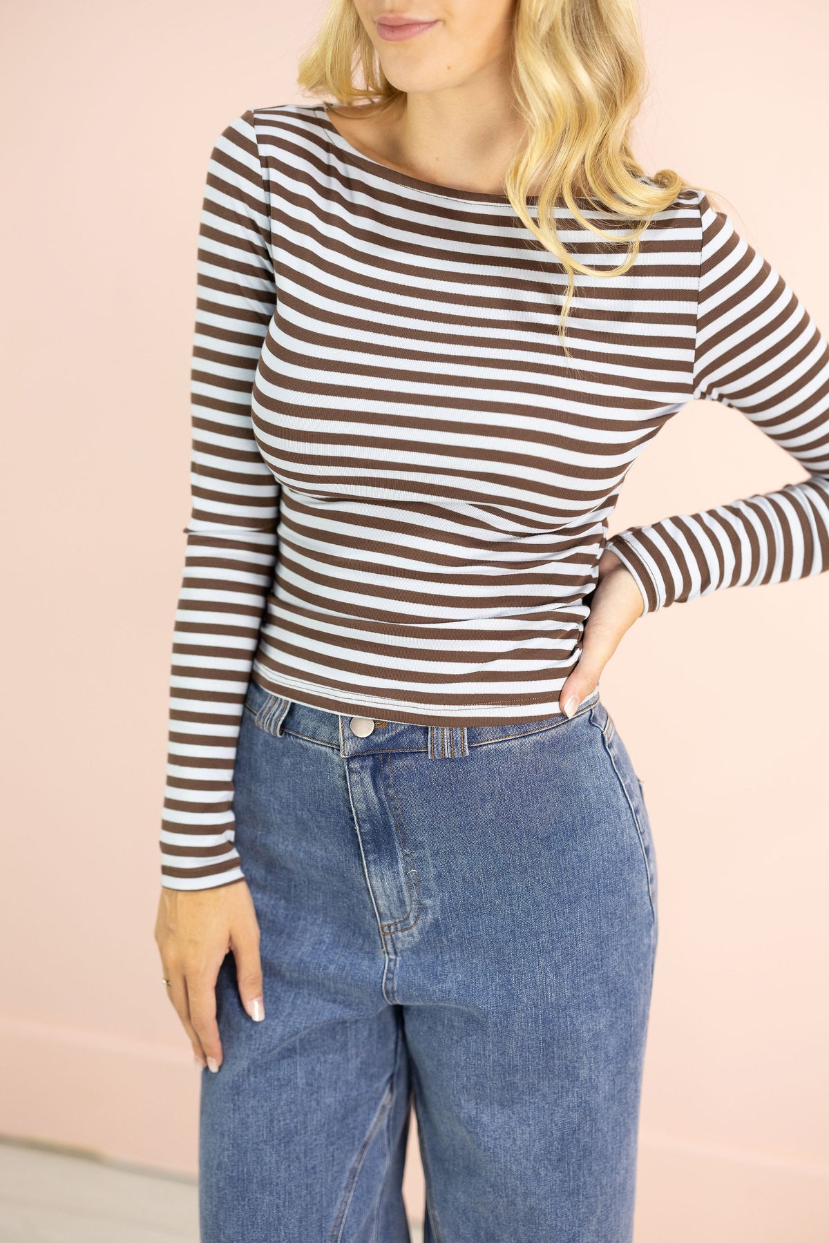 Boat Neck Stripe Top Dusty Blue