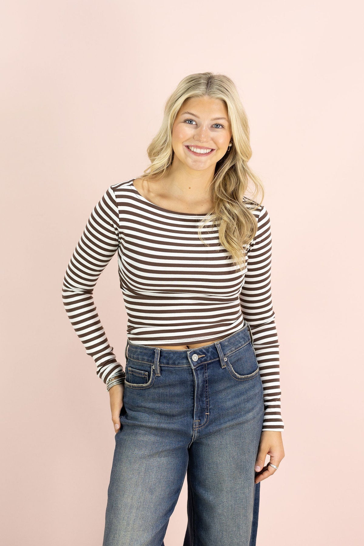 Boat Neck Stripe Top Brown