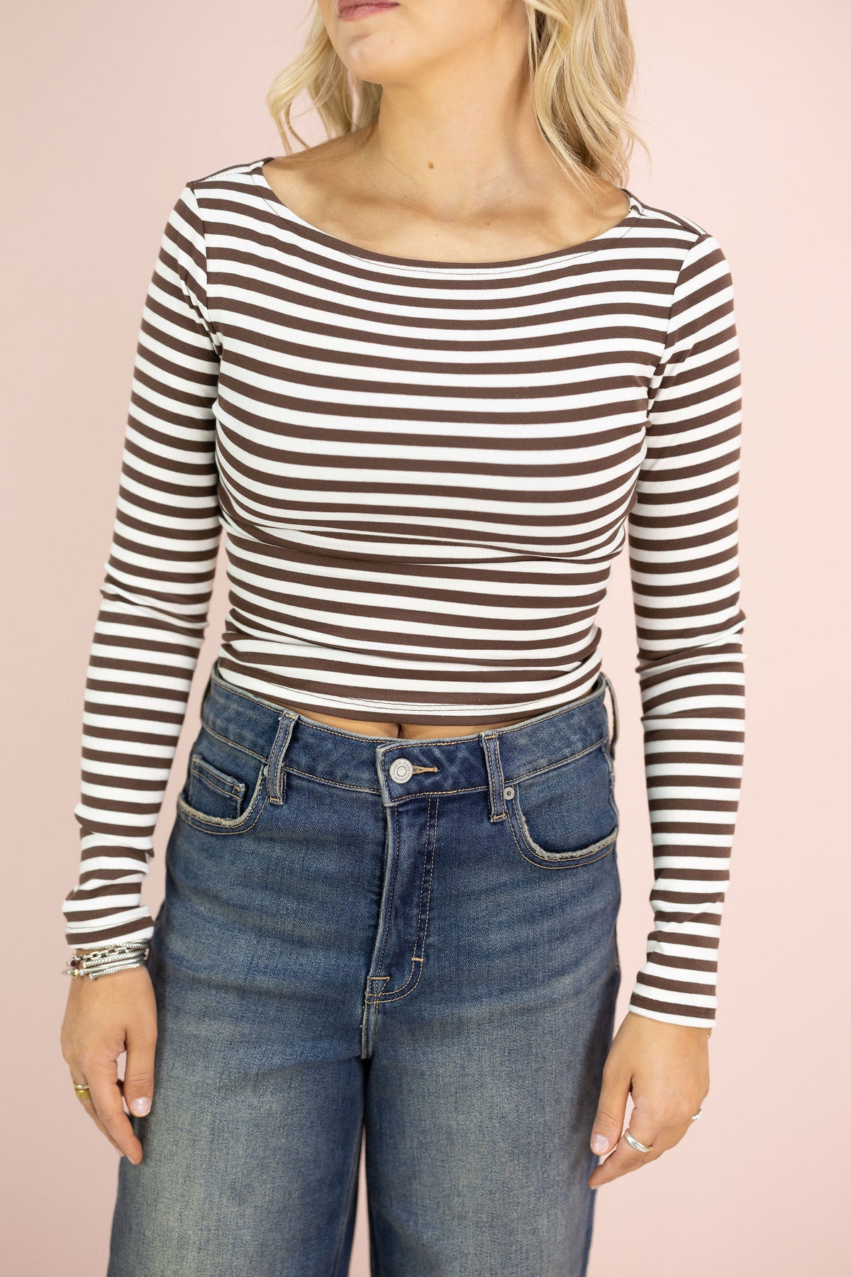 Boat Neck Stripe Top Brown