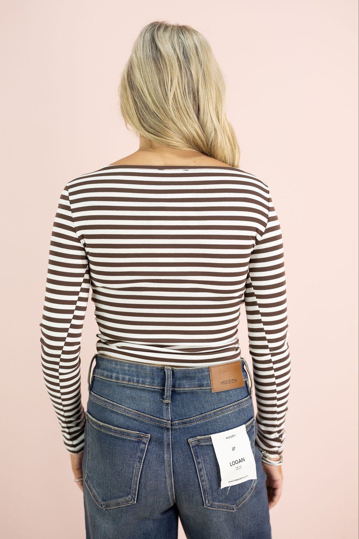 Boat Neck Stripe Top Brown