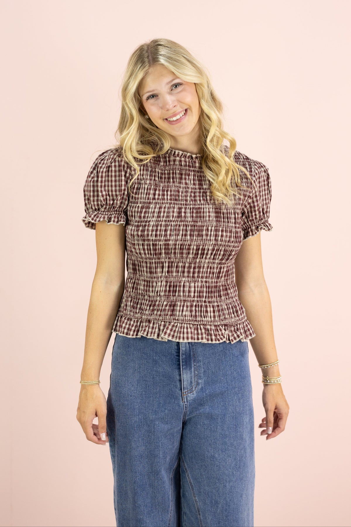 Plaid Puff Smocked Top