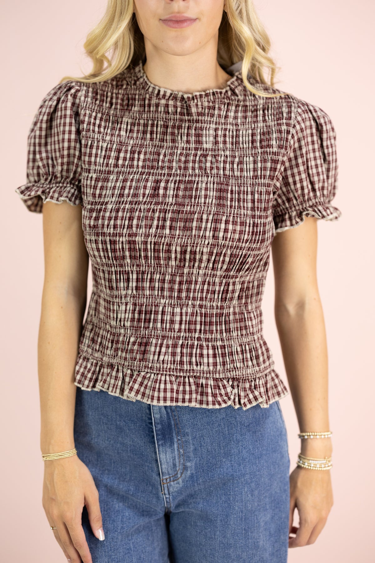 Plaid Puff Smocked Top