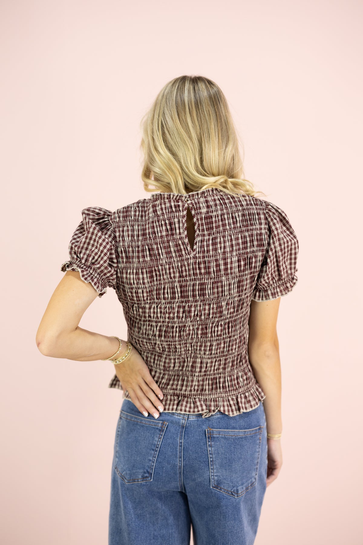 Plaid Puff Smocked Top
