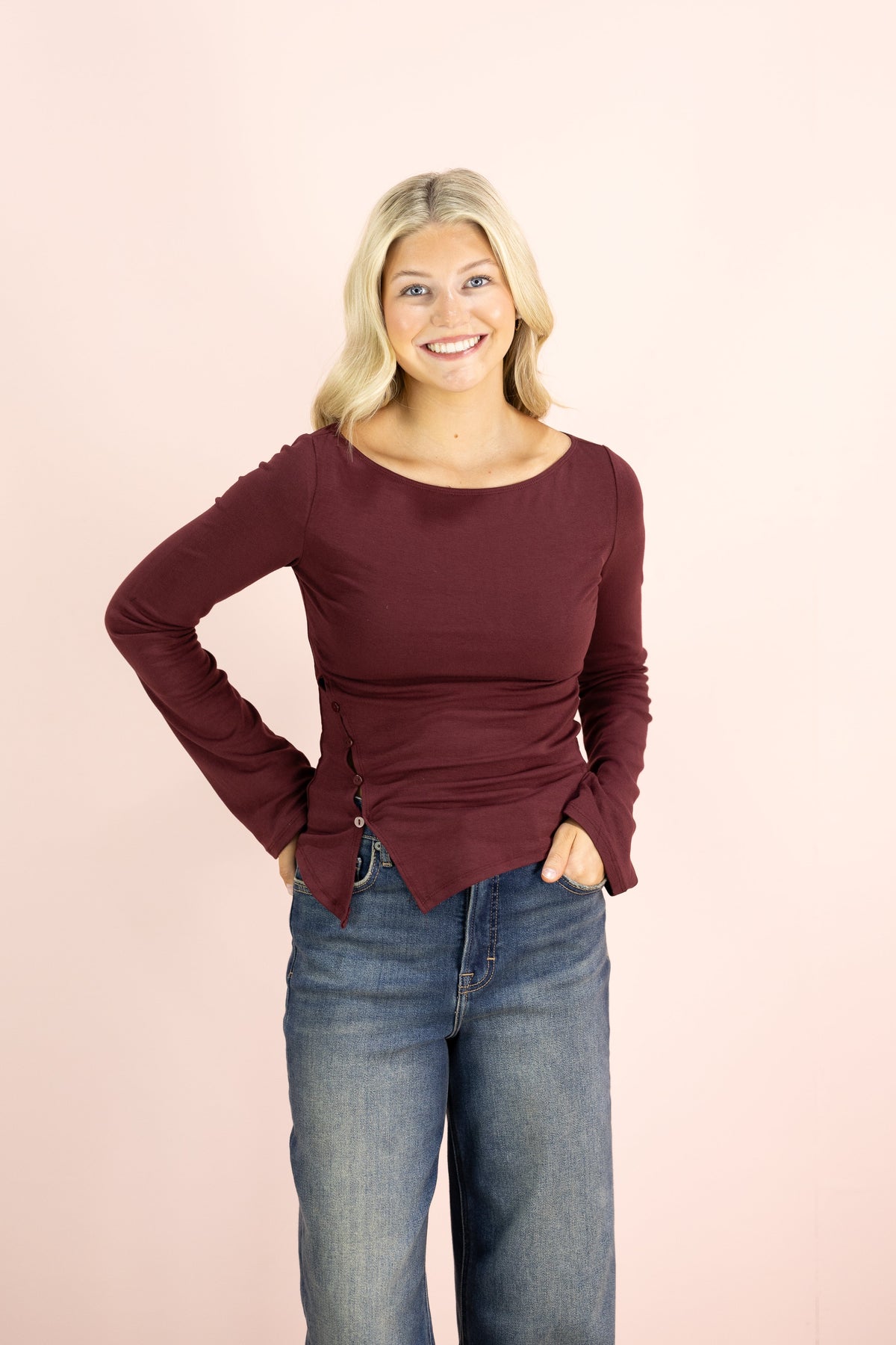 Oxblood Asymmetrical Knit Top