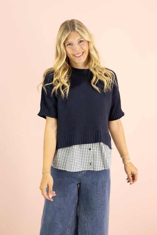 Short Sleeve Mixed Media Knit Top