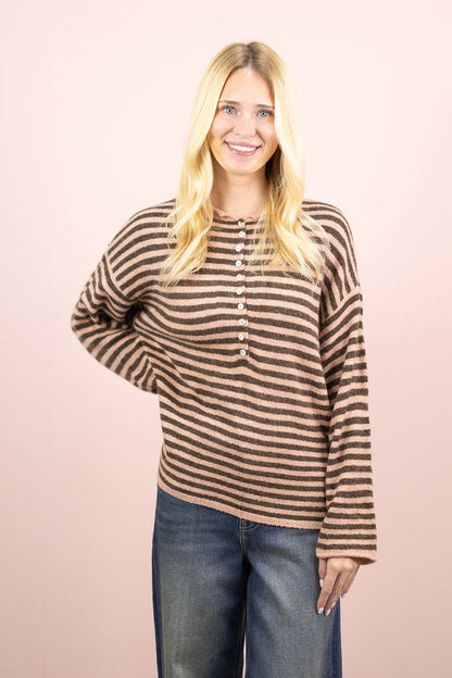 Stripe Henley Sweater Brown/Pink