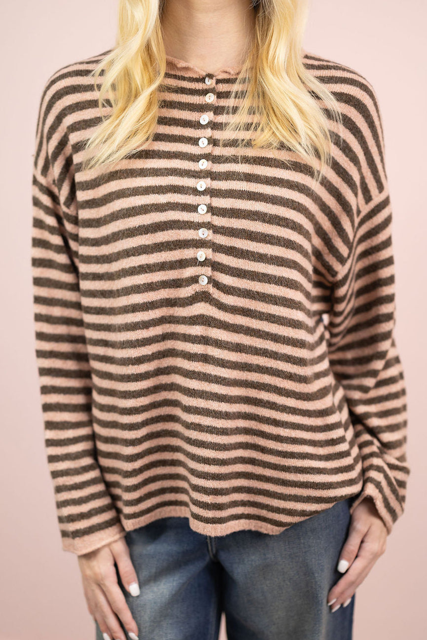 Stripe Henley Sweater Brown/Pink