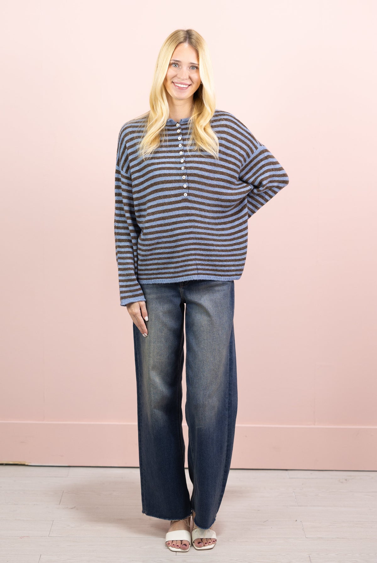Stripe Henley Sweater Blue/Brown