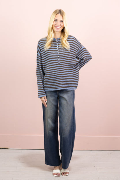 Stripe Henley Sweater Blue/Brown