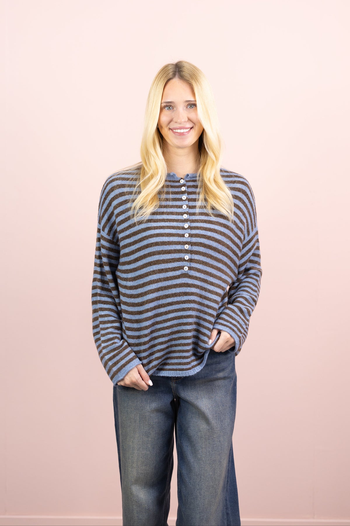Stripe Henley Sweater Blue/Brown