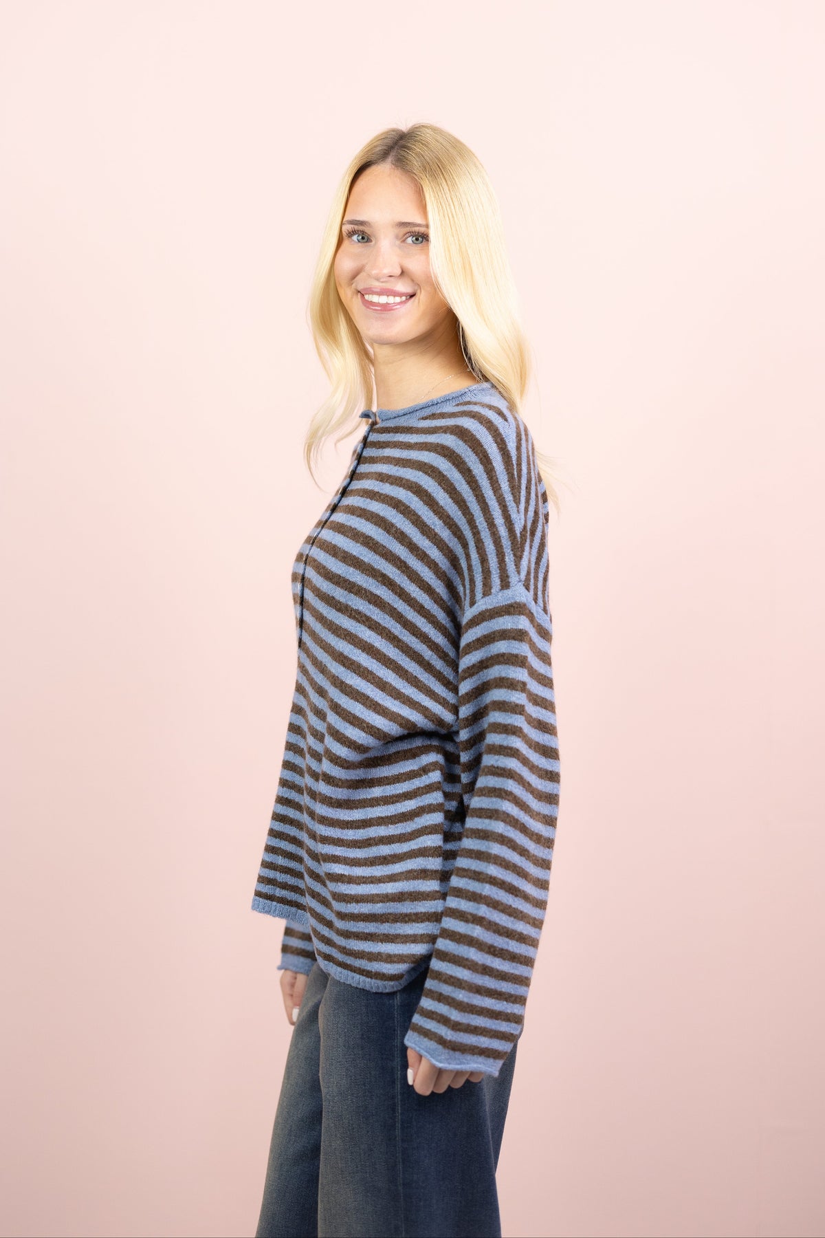 Stripe Henley Sweater Blue/Brown