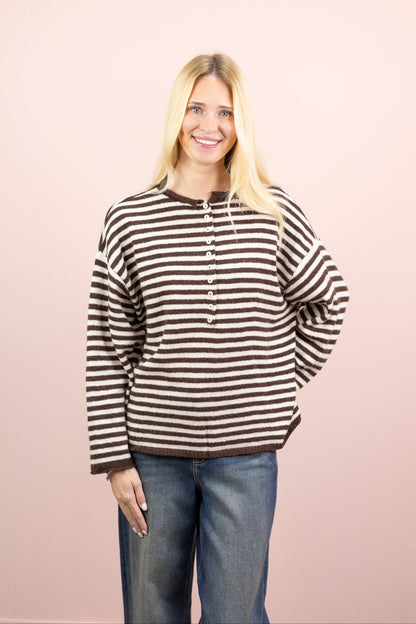 Stripe Henley Sweater Brown/Cream