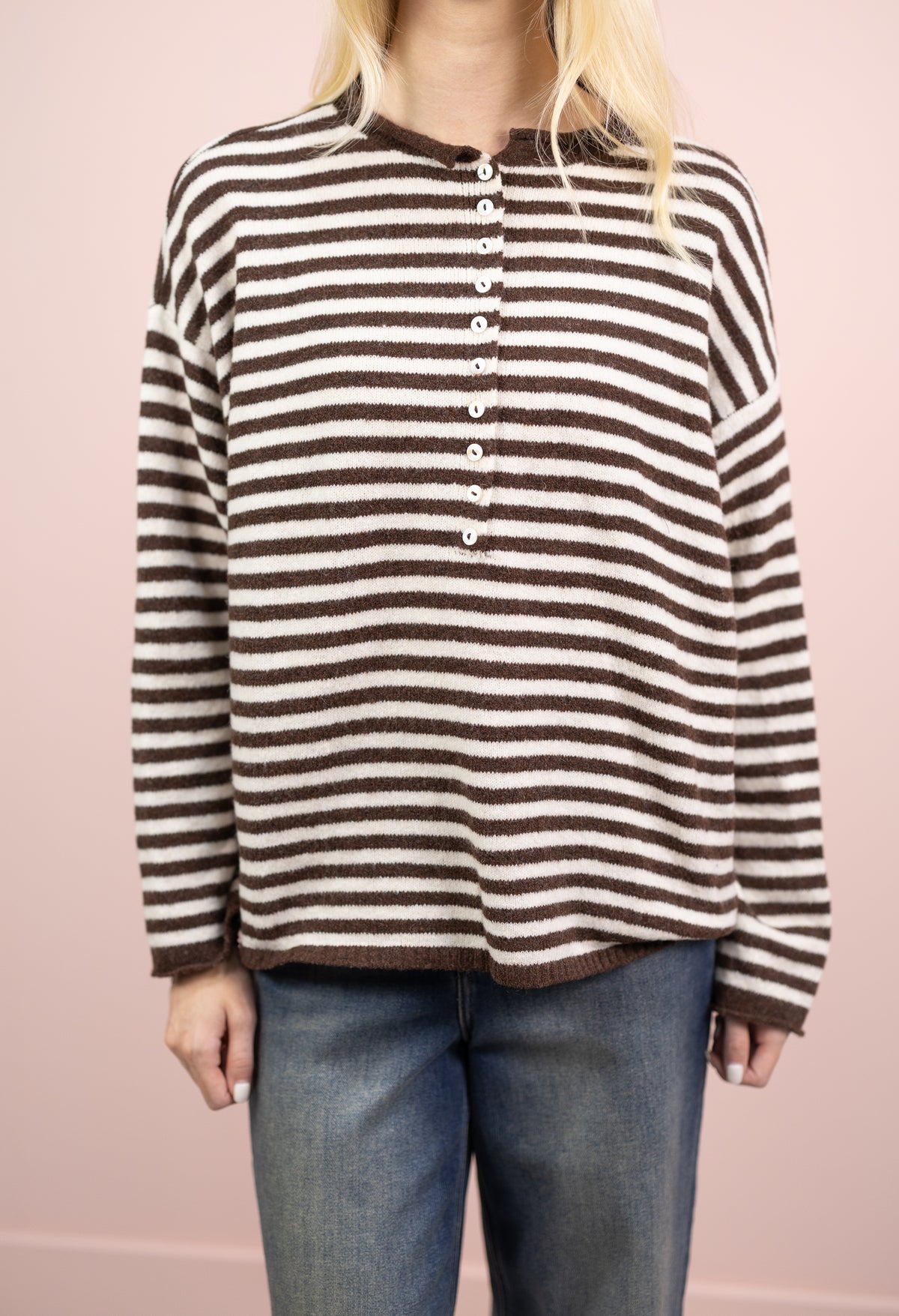Stripe Henley Sweater Brown/Cream