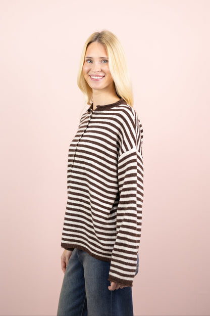 Stripe Henley Sweater Brown/Cream