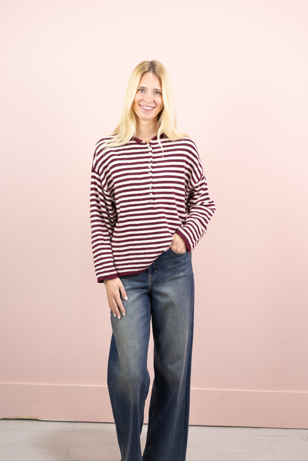 Stripe Henley Sweater Wine/Cream