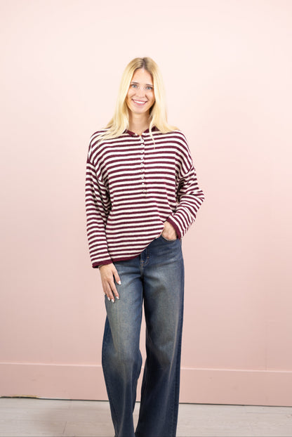 Stripe Henley Sweater Wine/Cream