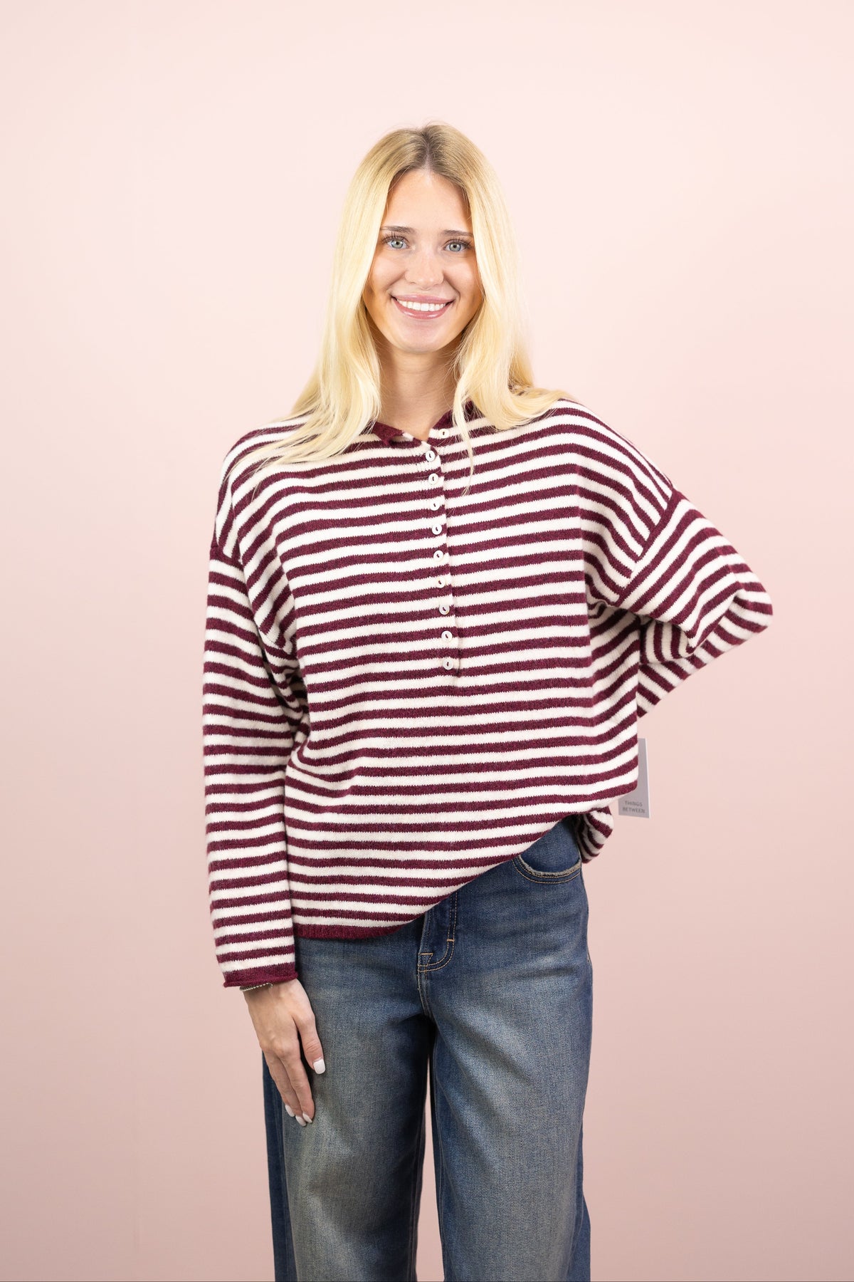 Stripe Henley Sweater Wine/Cream