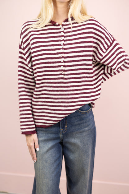 Stripe Henley Sweater Wine/Cream